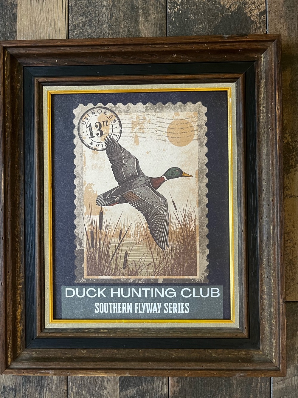 Canvas Duck Hunting Stamp Print Vintage Wood frame , Framed 16x19”